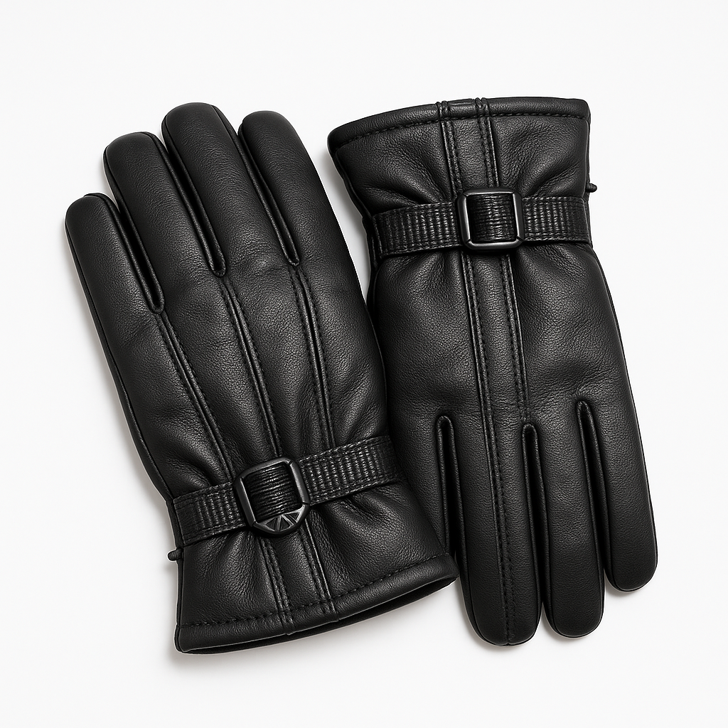 Men’s Pure Leather Winter Gloves – Premium Black with Adjustable Strap