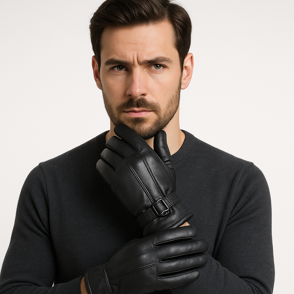 Men’s Pure Leather Winter Gloves – Premium Black with Adjustable Strap