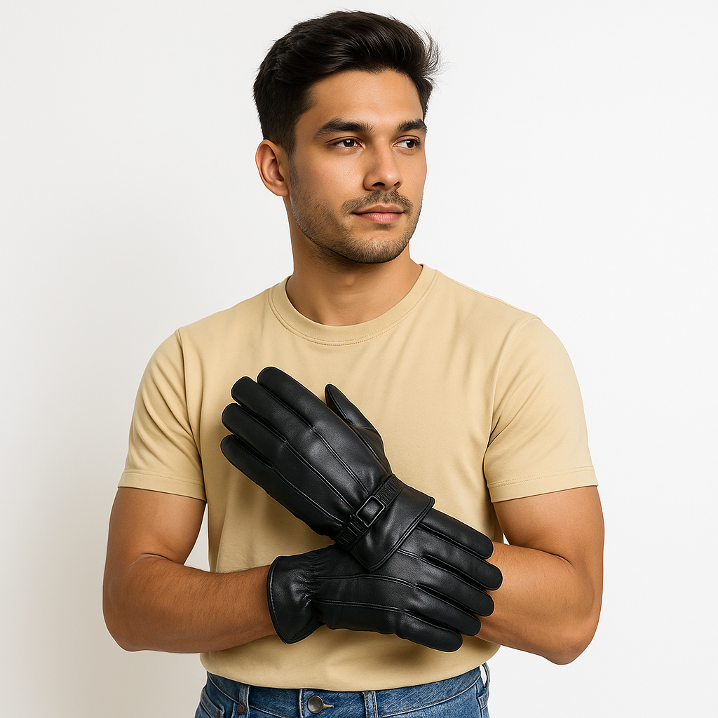 Men’s Pure Leather Winter Gloves – Premium Black with Adjustable Strap