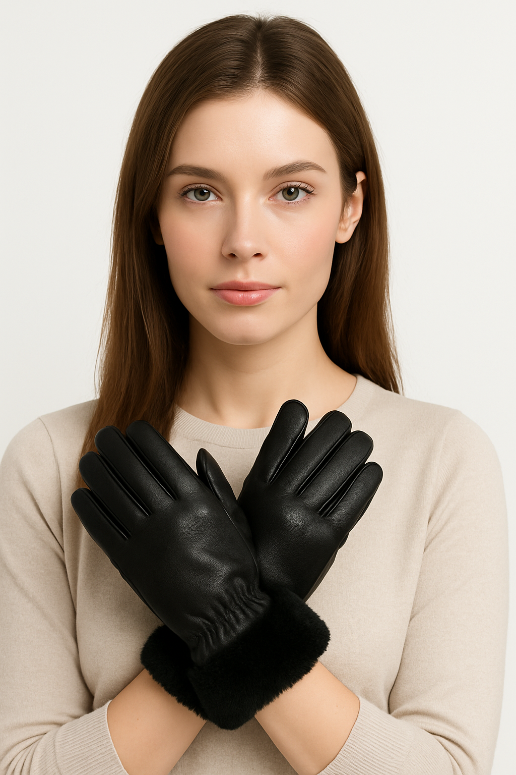 Women’s Pure Leather Winter Gloves – Elegant Black with Adjustable Strap