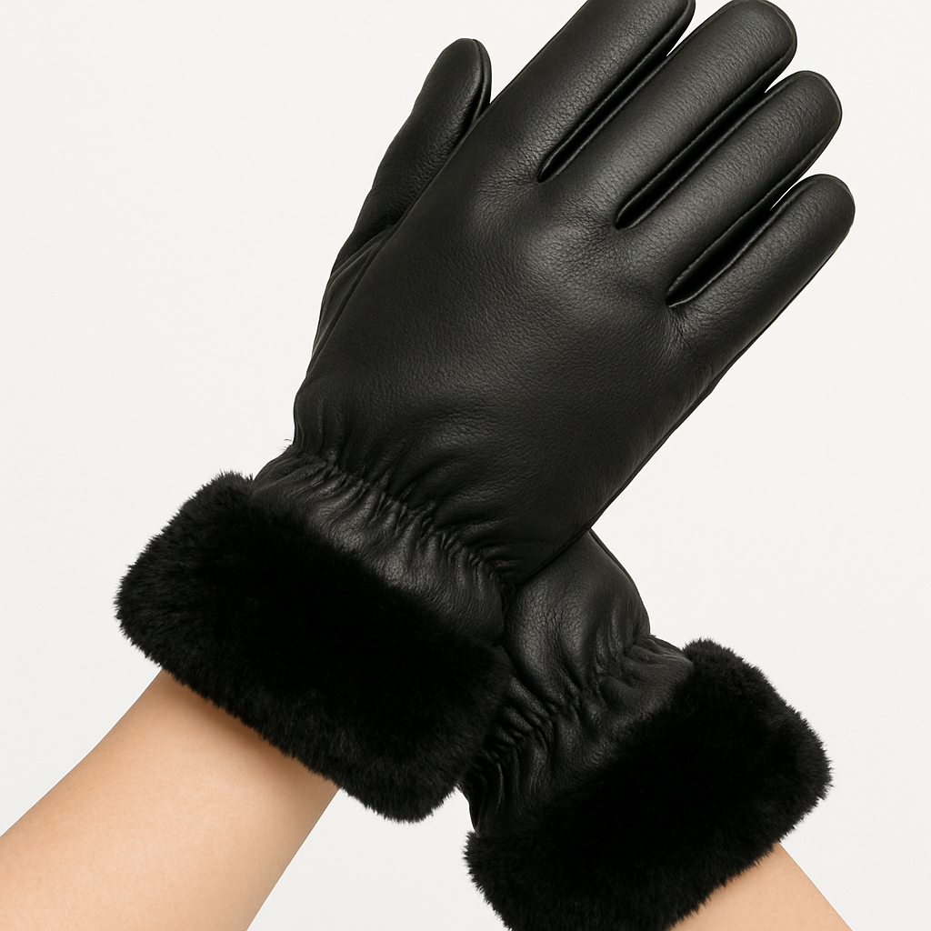 Women’s Pure Leather Winter Gloves – Elegant Black with Adjustable Strap
