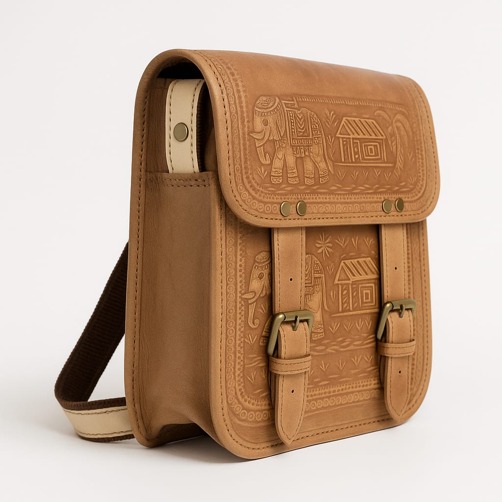 Handcrafted Pure Leather Shoulder Bag with Traditional Jodhpuri Embossed Design