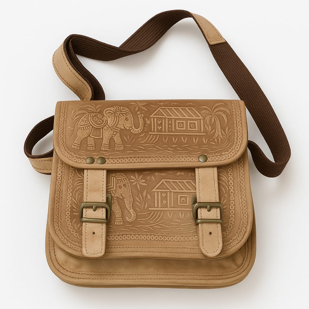 Handcrafted Pure Leather Shoulder Bag with Traditional Jodhpuri Embossed Design