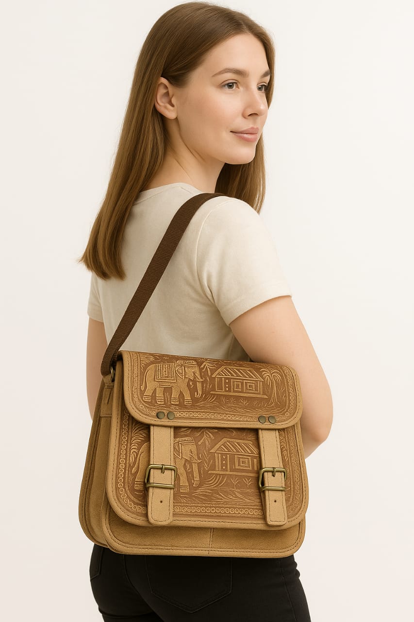 Handcrafted Pure Leather Shoulder Bag with Traditional Jodhpuri Embossed Design